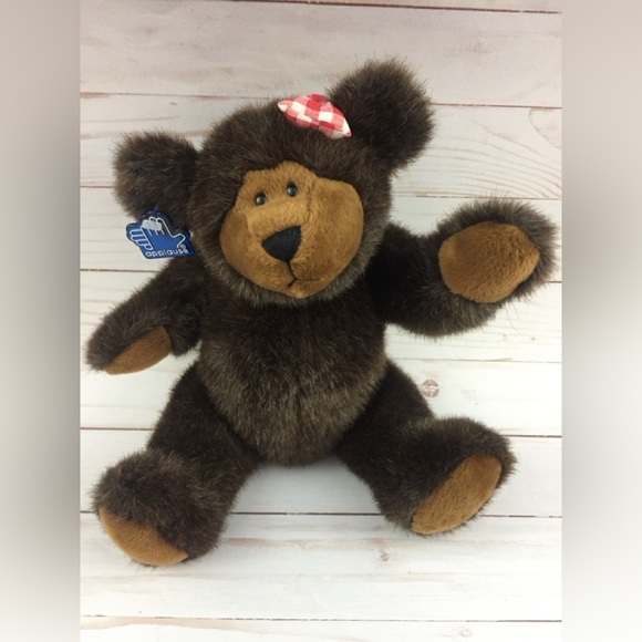 12" Vintage APPLAUSE Chocolate Brown Jointed TEDDY BEAR Stuffed Plush Bow - Picture 1 of 5